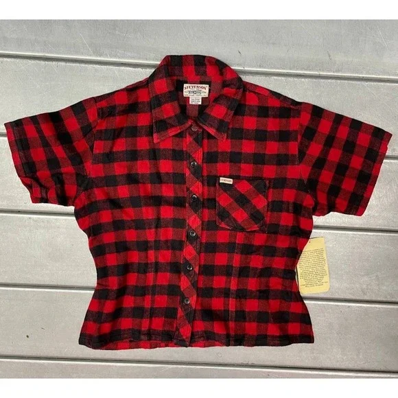 Stevenson Flannel Shirt Womens Large Red Plaid Short Sleeve Button Up Shirt NWT - Picture 1 of 7